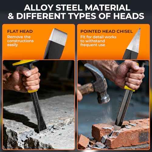 INCLY 3PCS Masonry Chisel Set with Hand Guard, Stone and Rock Chisel, Heavy Duty Concrete Chisel Tools Including 11 Inch Point & Flat, 8 Inch Brick Chisels for Breaking Splitting Cutting