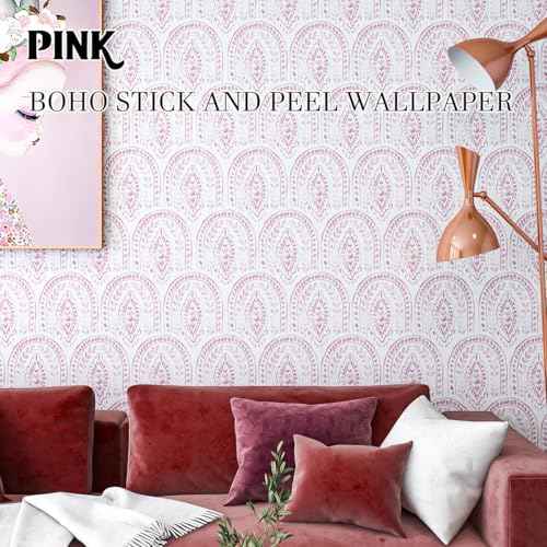 Pink Boho Peel and Stick Vinyl Wallpaper,Modern Waterproof Contact Paper Self Adhesive,Removable Floral Wall Paper for Bathroom Bedroom Cabinet Shelf Liner