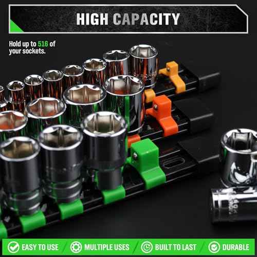 SWANLAKE 36-Piece Socket Organizer, 1/4-Inch x 192 Clips, 3/8-Inch x 180 Clips, 1/2-Inch x 144 Clip, Socket Holder Clip Rail, Drive Sockets Trays for Tool Box Drawer