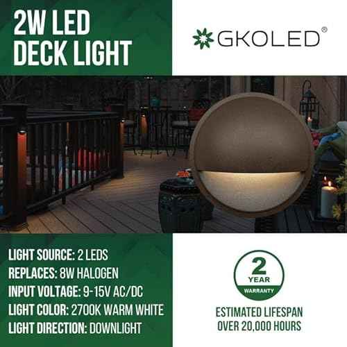 GKOLED Low Voltage LED Deck Lights, 12V AC/DC Landscape Step Railing Fence Light, 2W 2700K Accent Lighting Fixture, Die-cast Aluminum, Dark Brown, 6-Pack