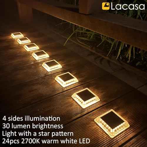 Lacasa Solar Deck Lights, 8 Pack 30LM LED Dock Lights Warm White 2700K, Outdoor Solar Powered Step Lights Light up All Night IP68 Waterproof Auto ON/Off for Garden Stairs Driveway Pathway Lighting