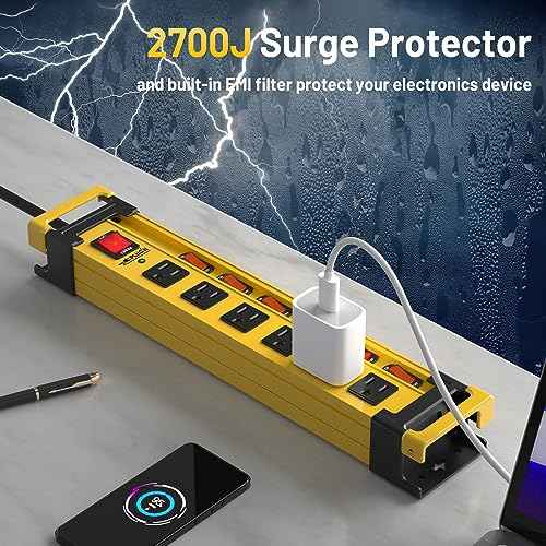 2 Pack Power Strip Surge Protector 2700J with Individual Switches and Flat Plug, 6 Outlet Heavy Duty Metal Power Strips with Cord Manager and Hook, Mountable 6FT 14AWG Extension Cord
