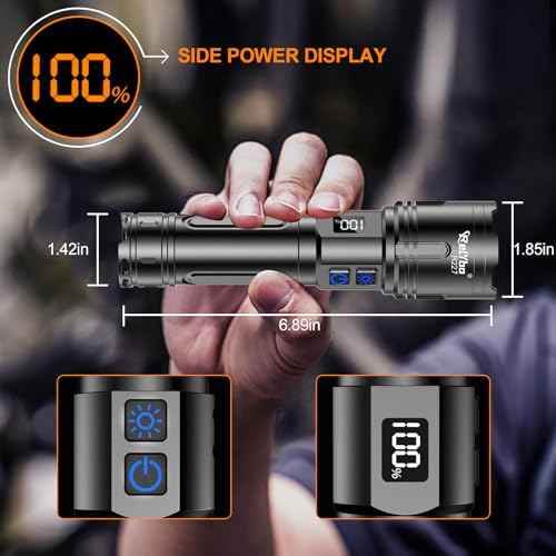 Rechargeable Flashlights High Lumens, LED Flashlight 10000 Lumens, Super Bright High Powered Flashlights, Long Rang 5000 FT, 2 Switch, Powerful Flashlights for Home Emergency Camping