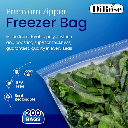 DiRose Reclosable Freezer Bags - 1 Gallon Size (200 Pack) | Double Zipper, Airtight Seal, BPA-Free, Premium Thick Heavy-Duty Bags for Safe and Secure Food Storage