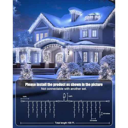 Minetom Icicle Lights for Outside, 100Ft 832 LED White Christmas Lights with 156 Drops,Outdoor Icicle Christmas Light with Remote and Timer for House Roof, Pure White