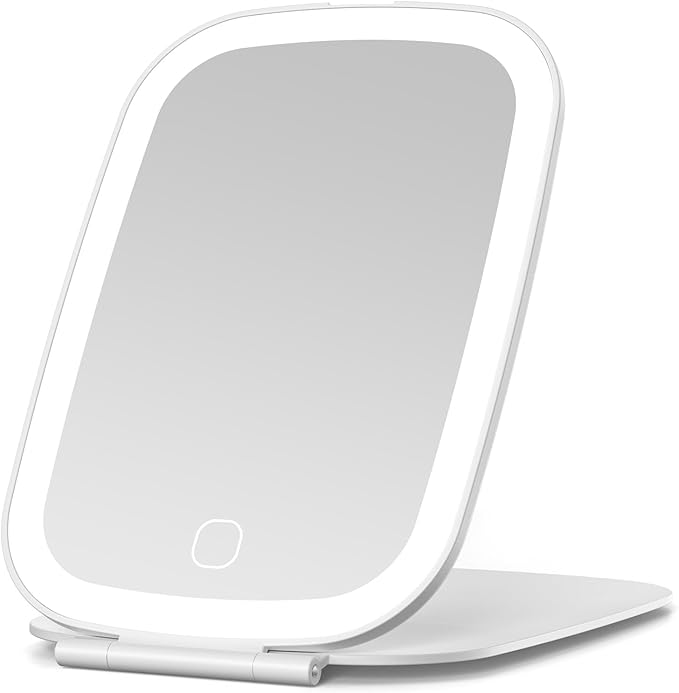 Rechargeable Travel Makeup Mirror with LED Light, Portable Light up Mirror, 3 Lighting Modes, 7x5 Inch Foldable Vanity Mirror for Desk or On The Go