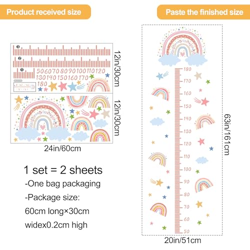 3D Cartoon Height Growth Chart for Kids - Removable DIY Pink Rainbow Wall Decal Peel and Stick Stars and White Clouds Wall Art Decor for Kids Nursery, Bedroom, Bathroom