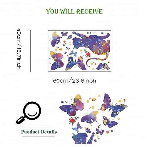 Fantasy Starry Sky Cat Butterfly Wall Stickers,sacinora Cartoon Kitten Animal Wall Decals Removable Vinyl Peel and Stick for Living Room Nursery Children's Room Bedroom Art Decorations