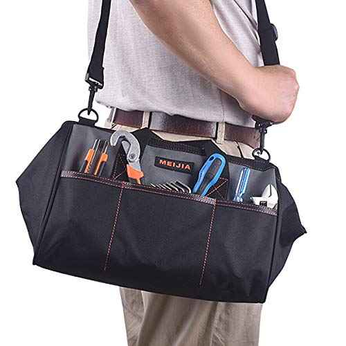 MEIJIA Portable Waterproof Tool Bag, Wide Mouth Open, Multi Inside Pockets for Tool Storage with Adjustable Shoulder Strap(14")