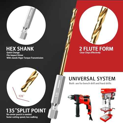 13PC 1/8" Titanium Coated Twist Hex Shank Drill Bit Set, 135 Degree Tip HSS Drill Bit Sets, Impact Driver Drill Bits for Wood, Steel, Metal, Plastic with Quick Change Design