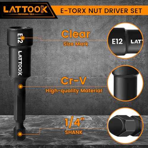 E-TORX Nut Driver Set, LATTOOK 7-Piece 1/4'' Hex Shank Female Torx Nut Driver E Torx & Star Nut Driver External Star Nut Driver Set for Impact Drill, E4 E5 E6 E8 E10 E12 E14