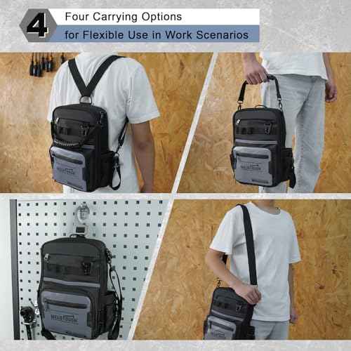 MELOTOUGH Small Tool Backpack for Men 30 Multi-Storage Pockets Heavy Duty Tool Bag Backpack with Dual-Form Shoulder Strap for Electrician, HVAC, Technician - Water Resistant (Grey)
