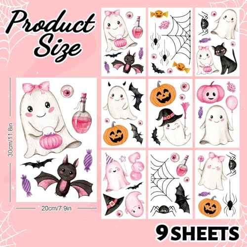 Whaline 9 Sheets Halloween Wall Stickers Pink Ghost Pumpkin Bats PVC Wall Decals Cute Self-Adhesive Decoration for Halloween Party Home Classroom Office