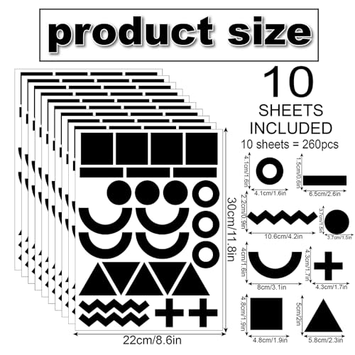 260 Pcs Self-Adhesive Abstract Geometric Shape (Triangle, Circle, Square) Wall Stickers - 10 Sheets Removable Vinyl Wall Decasl for Home, Office, Kids Room, Nursery, Playroom Decor (Black)