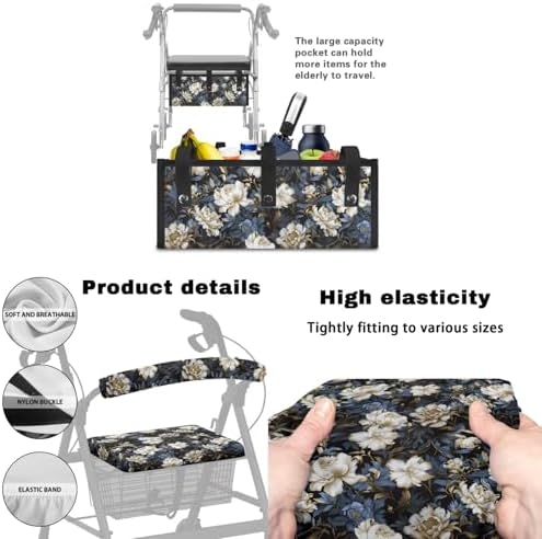 LedBack Vintage Floral Walker Accessories 3 Piece Set Rollator Walker Seat and Backrest Covers, Walker Storage Bags Lightweight Rollator Seat Cushion Covers and Organizer Bag