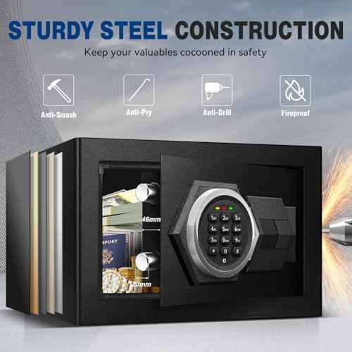 1.3 Cu Ft Small Fireproof Home Safe Box- Steel Security Box with Digital Electronic Keypad, Safety Combination Lock Box for Office, Sensor Light, Safe for Documents Money Jewelry Handgun