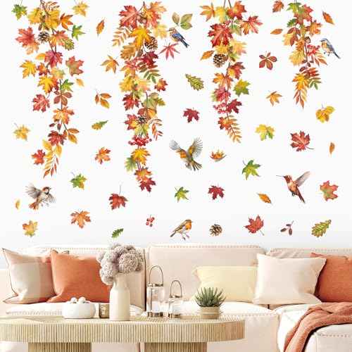 decalmile Autumn Maple Leaves Wall Decals Fall Hanging Vine Birds Wall Stickers Bedroom Living Room Sofa TV Background Wall Decor