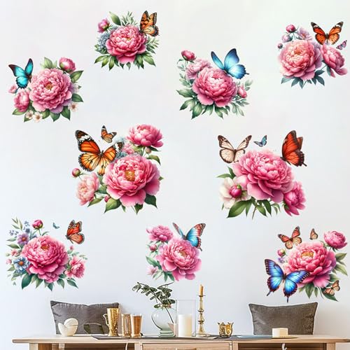 Cute Pink Peony Floral Butterfly Wall Stickers Decor Wall Decals Peel and Stick Flowers DIY Removable Funky Home Wall Art Decorations for Living Room Kitchen Bedroom Office