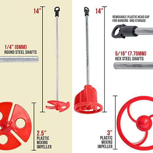 TCP Global Paint Mixer Attachment (Set of 2) - 14" Drill Paddle Mixer with 1/4" Round & 5/16" Hex Shafts, 3" Paddles - Mix 1 Quart to 2.5 Gallons of Paint, Epoxy Resin, Concrete, Drywall Mud, Mortar