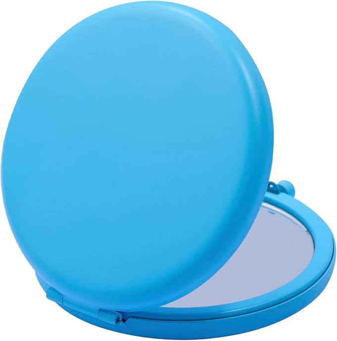 Compact Mirror for Purse, Metal Round Shell, Double-Sided 1X/2X Magnifying, Portable Travel Makeup Mirror, Mini Pocket Mirror, Deep Sky Blue, 1 Pack