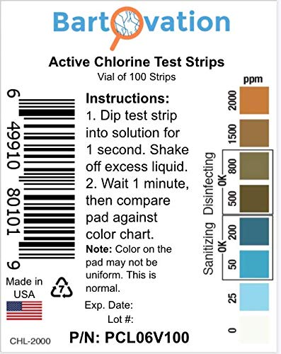 Active Chlorine Bleach Test Strips, 0-2000 ppm [Vial of 100 Plastic Strips] Designed for Daycares and Senior Homes for Sanitizing and Disinfecting