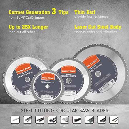 TWIN-TOWN 8 Inch 52 Teeth Dry Cut Steel and Ferrous Metal Cermet Saw Blade with 5/8-Inch Arbor