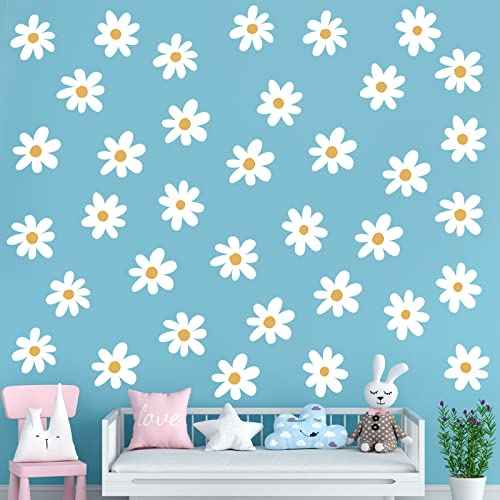 BBTO Daisy Wall Decal Flower Vinyl Wall Decals Daisy Stickers Floral Decals Peel and Stick for Nursery Art Bedroom Living Room(Simple Style,White)