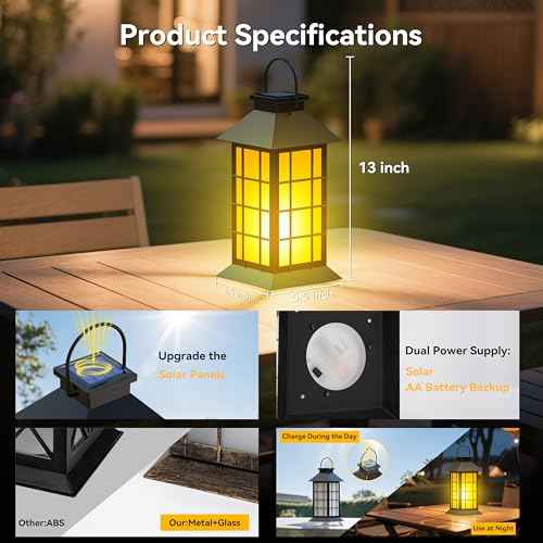 2 Pack 13" Black Solar Lantern with Flickering Flame Candle | Outdoor Waterproof Hanging Solar Lanterns, Metal & Glass Lights for Garden Decoration, Rustic Gifts for Mom