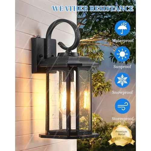 16.8'' Large Dusk to Dawn Outdoor Wall Lights, Black Exterior Lighting Fixtures Wall Sconce with Seeded Glass, Waterproof Front Porch Light Outside Wall Lantern for House Patio Garage, 1Pack