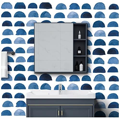 HAOKHOME Watercolor Brush Strokes Scallop Boho Peel and Stick Wallpaper Removable Indigo Blue/White Vinyl Self Adhesive Mural 17.7in x 9.8ft