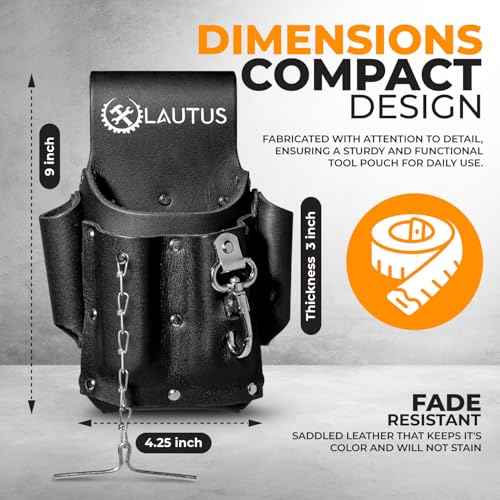 LAUTUS Electrician Full Top Grain Leather Tool Pouch; 5 Pocket Pouch with Electrical Tape Chain; Durable Compartments; Washer Rivets; Includes Metal Tool Clip; Black