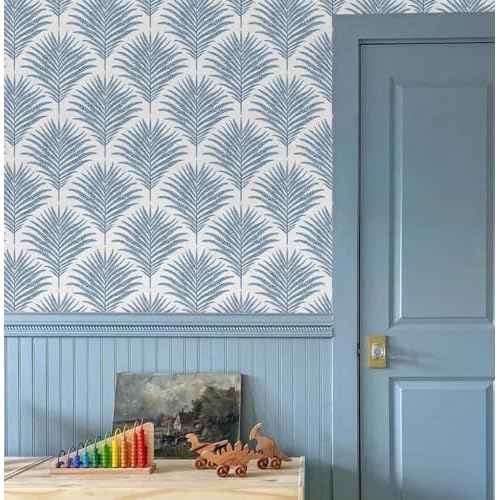 Rugreat Blue/White Wallpaper Peel and Stick Modern Palm Leaf Contact Paper for Cabinets Self Adhesive Removable Wallpaper for Bedroom Boho Geometric Contact Paper Bathroom Waterproof 17.3inW 78.7inL