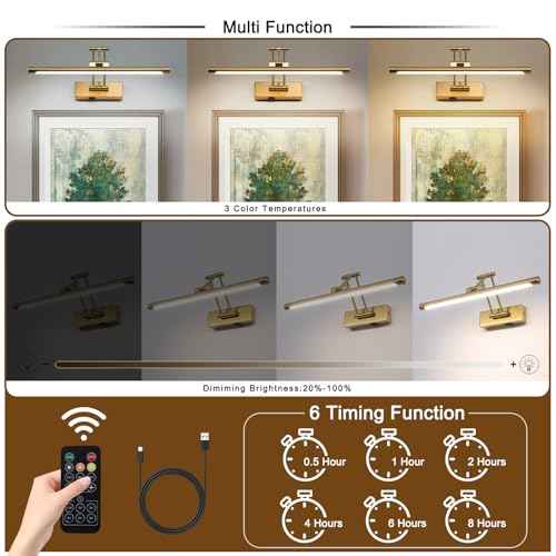 Battery Picture Lights for Wall, Rechargeable Gallery Light Wireless Art Display Lights with Dual-Rods Swing Arm Brass Painting Light with Remote & Timer 3CCT Dimmable Wall Sconces for Portrait 16¡±