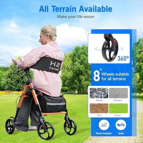 Walkers for Seniors with Seat, 8" Big Wheels Adult Lightweight Rollator with Backrest, Dual Adjustable Height Foldable Aluminium Medical Rolling Walker with Brakes| Deep Orange