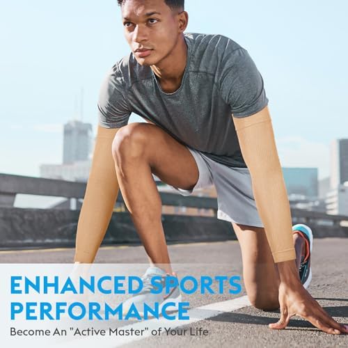 KEKING® Compression Arm Sleeves, Firm 20-30mmHg Graduated Compression Full Arm Support for Recovery, Pain Relief, Tendonitis, Golfers & Tennis Elbow Brace, Workouts Sports - Latex Free Beige S