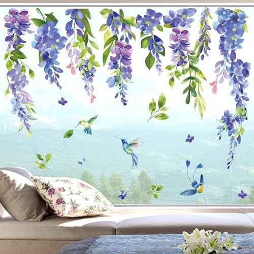 Wondever Spring Blue Purple Flower Hummingbird Hanging Vine Floral Leaf Glass Sticker Decal Anti Collision Double-Side Static Window Decals