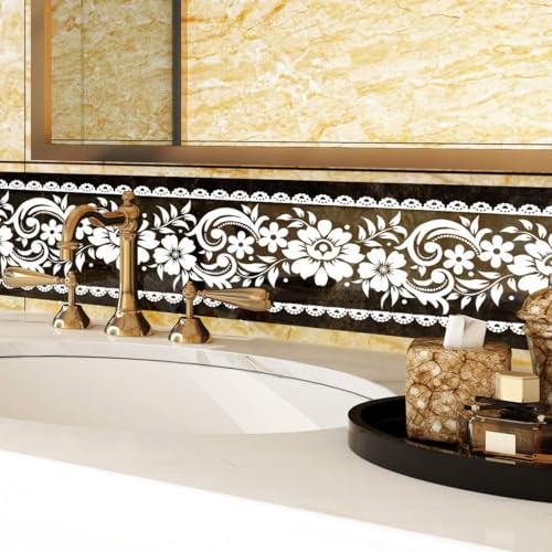 YENHOME Self Adhesive Wallpaper Border Peel and Stick Wall Border Mirror Frame Borders 4" X 32.8" White Lace Floral Wallpaper Peel and Stick Self Adhesive Wall Paper Borders for Bathroom