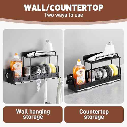 Wall-Mounted Cleaning Tool Organizer, 16.14x4.33x3.74 inches, Black Storage Rack with Drip Tray, Mop Holder with 5 Hooks