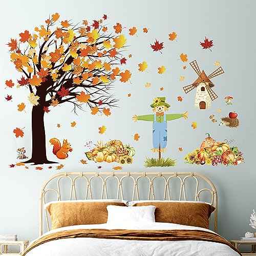 Fall Maple Leaves Wall Decals Autumn Pumpkin Scarecrow Wall Stickers Thanksgiving Fall Tree Wallpaper Cute Sqiirrel Windmill Mural DIY Removable Wall Art for Kids Bedroom Playroom