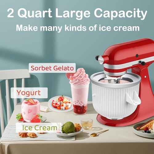 Ice Cream Maker Attachment for KitchenAid Stand Mixer, Ice Cream Bowl Fit for 4.5Qt and Larger Stand Mixers, Ice Cream & Sorbet Gelato Maker Attachment, 2 Quart, White