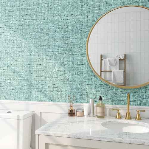 FunStick Light Teal Green Grasscloth Peel and Stick Wallpaper Textured Removable Renter Friendly Wall Paper for Bedroom Bathroom Walls Blue Aqua Green Kitchen Cabinet Contact Paper Waterproof 16"x80"
