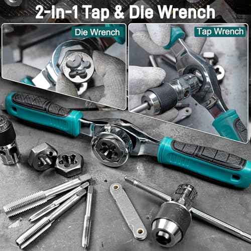 42-Piece Metric Tap and Die Set with Comfortable Ratcheting Tap Handle for Internal and External Threading