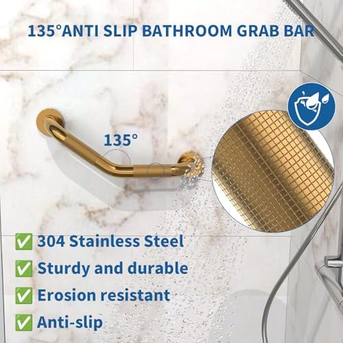2 Pack 16 Inch Munzong Shower Grab Bars for Seniors, Gold Angled Anti Slip Grab Bars for Bathtubs and Showers Safety Hand Rail Support Handicap Elderly Injury Senior Assist Bath Handle