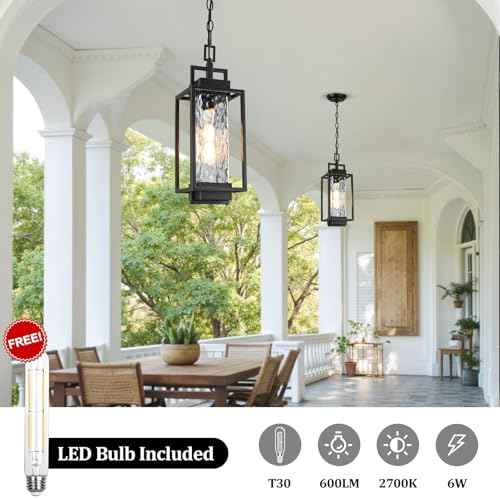 BesLowe 15¡± Outdoor Pendant Light with LED Bulb, Modern Hanging Lantern Light for Outside with Water Ripple Glass, Black Exterior Pendant Lighting Fixture, Outdoor Chandelier for Front Porch, Gazebo