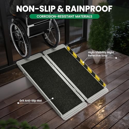 3 Feet Portable Wheelchair Ramp, 600 LBS Capacity Folding Aluminum Threshold Ramp with Anti-Slip Surface, Mobility Access Handicap Ramp for Home Steps, Doorway, Stairs, Doorways, Scooter