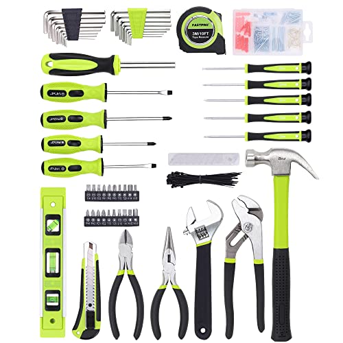 FASTPRO 215-Piece Home Repairing Tool Set with 12-Inch Wide Mouth Open Storage Bag, Household Hand Tool Kit, Green
