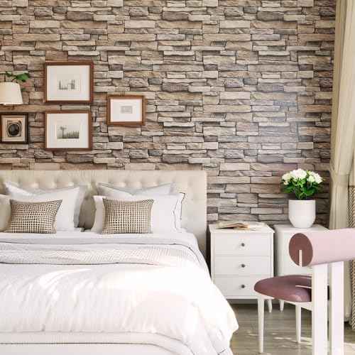 Yancorp 18"x120" Brick Wallpaper Peel and Stick Modern Stone Contact Paper Backsplash Self-Adhesive Wall Paper Kitchen Bedroom Accent Wall Brown Beige Removable Wallpaper