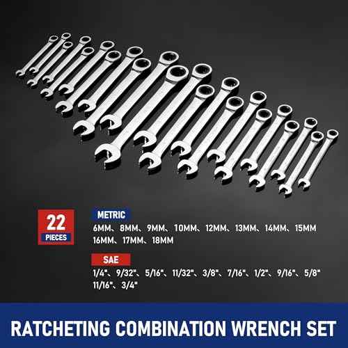 Ratchet Wrenches Set, 22-Piece Combination Wrench Set, Metric & SAE, Anti-Slip Grip, CR-V Steel, 1/4" to 3/4" & 6mm to 18mm, Portable Oxford Pouch Organizer