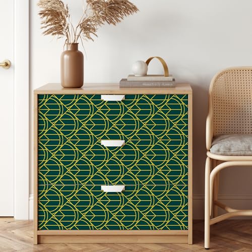CHIHUT Teal and Gold Lines Wallpaper Peel and Stick Semicircles Triangles Geometric Shapes Wallpaper for Bedroom Living Room Wall Decor Self Adhesive Art Deco Contact Paper for Cabinets 17.7¡±x100¡±