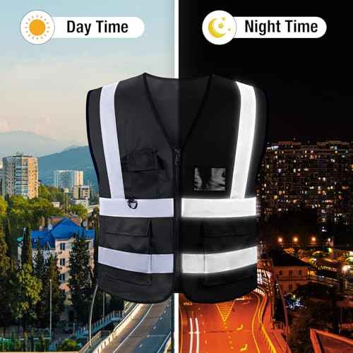 Jeffbaubl 10 Pcs Reflective Vest, High Visibility Construction Vest, Reflective Vests with Pockets and Zipper, Work Vests for Men Women(Black)